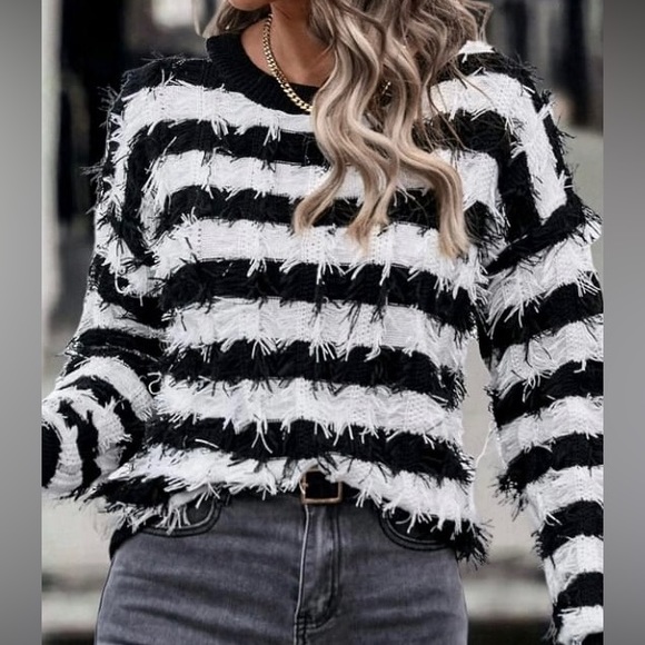 SHEIN Striped Fringe Trim Sweater | Cozy Knit Pullover - Picture 4 of 6